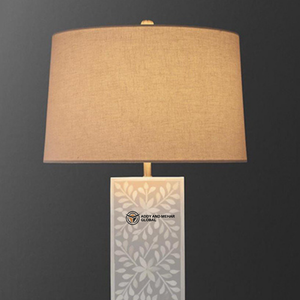 Lampe de table de luxe en os incrusté avec abat-jour beige |   Lampe à incrustations florales faite à la main |   Table de chevet et salon modernes et élégants - Product Image 5