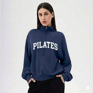Sudadera casual personalizada con logo bordado en la parte delantera, de tejido grueso de poliéster/algodón, con cuello alto simulado, para mujer. - Product Image 5