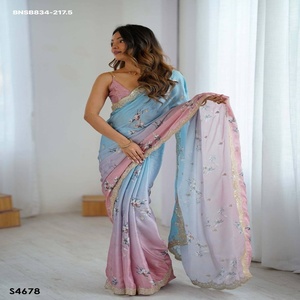 Designer Fancy Party Wear Attractive <b>Satin</b> Chiffon with Printed & Sequence Embroidered Saree- <b>Blouse</b> Collection Wholesale Supply - Product Image 1
