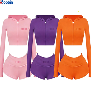 Ensemble de survêtements courts à capuche hip-hop d'été pour femmes, 2 pièces, veste à fermeture éclair et shorts, 100% coton respirant, respectueux de l'environnement, manches longues - Product Image 5