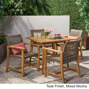 Ensemble de salle à manger d'extérieur en teck 5 pièces avec chaises en fausse rotin, mobilier de jardin résistant aux intempéries pour 4 personnes - Product Image 5