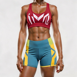Conjunto de Yoga de 2 Piezas con Bloques de Color, Shorts de Cintura Alta y Top Corto con Espalda Cruzada, Transpirable, de Spandex y Poliéster - Product Image 1