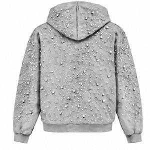 Sudadera con capucha gris claro perlado con cremallera completa, chaqueta de moda urbana con cristales incrustados, sudadera con capucha de manga larga - Product Image 2