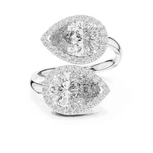 Bague de fiançailles unisexe Toi et Moi en or massif 18 carats avec deux diamants de laboratoire taille poire, couleur E, pureté VVS VS, et bande pavée - Product Image 3