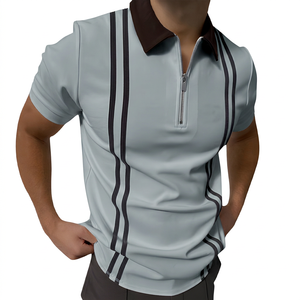 Polo à manches courtes blanc pour homme avec fermeture éclair et design rayé, tricoté, coupe classique, style sportif - Product Image 5
