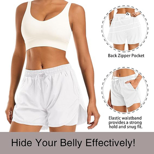 White High Waisted Women Gym Shorts 2 in 1 Polyester Double Layer Workout Shorts with <b>Drawstring</b> Running Gear - Product Image 4