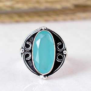 Anillo de boda unisex de plata de ley 925 con calcedonia acuamarina, hecho a mano, estilo bohemio vintage, oxidado. - Product Image 1