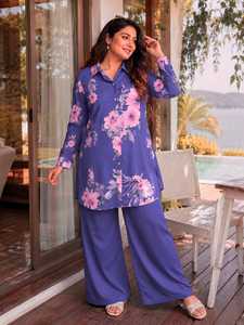 Ensemble Coordonné Décontracté en Soie Beige à Col en V et Manches Longues, Imprimé Floral, Écologique et Respirant – Chemise et Palazzo pour l'Été - Product Image 3