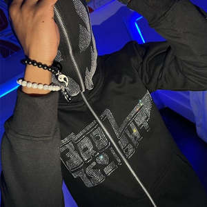 Sweat-shirts à capuche pour hommes personnalisés, 100% coton, avec logo, fermeture éclair intégrale, motif tête de mort en strass, lourds et résistants - Product Image 3