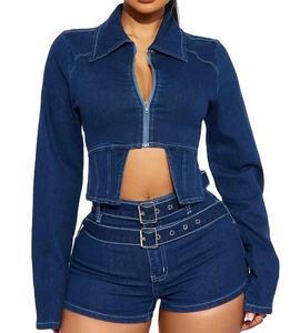 Denim Women 2 Piece Set Y2K Trend Zip Jacket Shorts Vintage Trend Streetwear Casual <b>Matching</b> Tracksuit - Product Image 1
