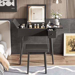 Tavolo da Trucco Nero da 70,9 cm con Specchio LED Ribaltabile, Stazione di Ricarica e 2 Cassetti Pieghevoli - Product Image 2