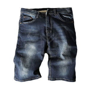 Pantalones Cortos de Mezclilla para Hombre, Azul Oscuro, Lavado Vintage, Estilo Desgastado, Cinco Bolsillos, Corte Clásico, Informales, para Verano - Product Image 1