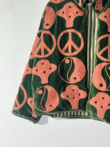Handmade Green Velvet Mushroom & Peace <b>Sign</b> Embroidered Jacket – Boho Yin Yang Festival Coat | Unisex Hippie Outerwear - Product Image 2