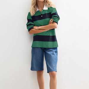 Polo rayé à manches longues pour femme, vert marine, en coton, décontracté, manches trois quarts, coupe classique - Product Image 5