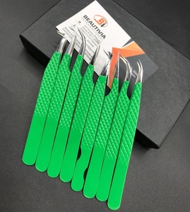 Pince à épiler d'extension de cils en acier inoxydable de haute qualité Testé à la main Conseils de fibres professionnelles durables Couleur verte Privé - Product Image 4