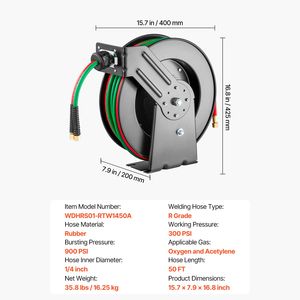 Avvolgitubo Retrattile per Saldatura da 1/4 di Pollice x 50 Piedi, Grado R Doppio, per Montaggio a Soffitto/Parete, Resistente, Max 300 PSI, Attrezzatura per Saldatura ad Ossigeno - Product Image 4