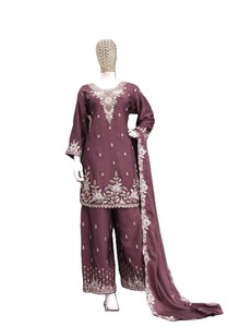 Elegant Purple Silk Salwar Kameez With Beaded Embroidery Wedding Wear Women Traditional Loose Fit <b>Ankle</b> Length Indian Pakistani - Product Image 2