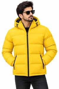 Doudoune décontractée en toile unie pour homme avec capuche, col montant, fermeture éclair et poches zippées – Vêtement d'extérieur d'hiver - Product Image 2