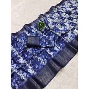 DESIGNER DOLA SILK IMPRESSION NUMÉRIQUE AVEC KANJIVARAM BORDER WORK SAREE AVEC BOLUSE NON COUDU BLEU - Product Image 1