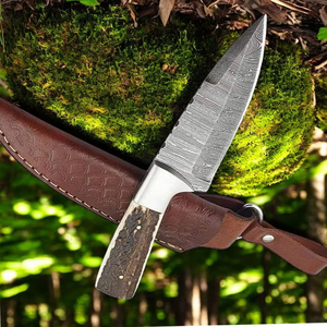 Cuchillo de desollar de Damasco con mango de madera, cuchillo de desollar de Damasco con funda de cuero, cuchillo de desollar de Damasco de espiga completa - Product Image 4