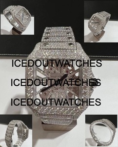 Montre automatique mécanique pour homme, boîtier carré en acier inoxydable, sertie de moissanite, cadran en verre, résistance à l'eau 10 bars, bracelet à fermoir - Product Image 2