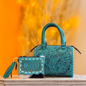 2026 New Arrival Sky Blue Hand Tooled Florals Carved Turquoise Single Stone <b>Studded</b> 100% Genuine Leather Mini Speedy Duffle <b>Bags</b> - Product Image 5
