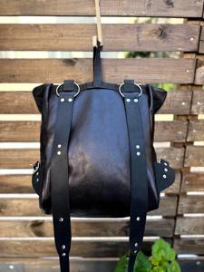 Genuine Leather <b>Roll</b> Top <b>Backpack</b> Mens Laptop Bag Cowhide Travel Rucksack Adjustable Side Strap LTBP-0140 - Product Image 3