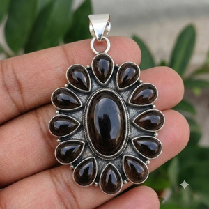 Pendentif en quartz fumé naturel en argent sterling 925, fait main, style tribal vintage, bijoux en argent pour femmes - Product Image 1