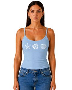 เสื้อกล้ามครอปสายเดี่ยวสีฟ้าสำหรับผู้หญิง ทรงเข้ารูป ใส่สบายสำหรับฤดูร้อน ลายพิมพ์ลำลอง เนื้อผ้านุ่มยืดหยุ่น ผลิตจากผ้าฝ้าย แฟชั่นเสื้อกั๊ก - Product Image 1