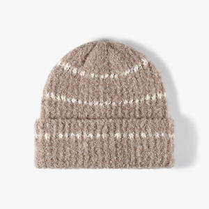 Unisex Hand Knitted Beanie Hat Striped Pattern Black Acrylic <b>Winter</b> <b>Cap</b> Adult Size 56-58CM Casual Style - Product Image 6