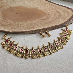 18K Gold Plated Oxidized Polish Casual Star Palakka Choker with Ruby Zircon and Pearl - Product Image 3