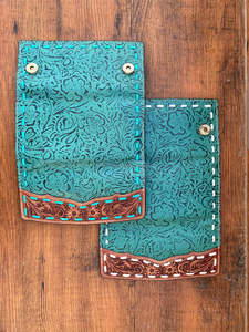 Nouveau design usiné à la main sculpture portefeuille en cuir pochette coque de téléphone carte élégant couleur Turquoise portefeuille multi-usages cuir occidental - Product Image 5