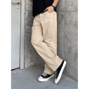 Jean en denim beige tendance pour homme, coupe droite ample et décontractée, 100 % coton, lavé, écologique, respirant, taille 28-42, style vintage - Product Image 3