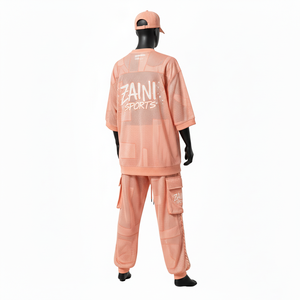 Conjunto de 2 piezas para hombre de tela de malla de alta calidad, 180 GSM, ligero, transpirable, color melocotón, con logo sublimado. - Product Image 5