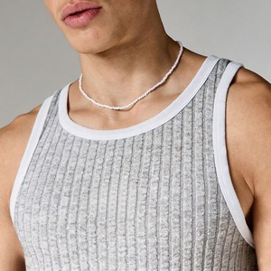 Lightweight Custom Logo <b>Men's</b> Ribbed Knitted Tank Top Solid Color O-Neck Casual Sleeveless Top Gray <b>White</b> Trim Hand Knitted <b>Vest</b> - Product Image 3