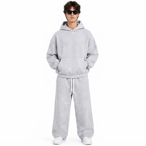 Ensemble de survêtement gris à capuche anti-plis pour homme, manches longues, couleur unie, coupe décontractée, pantalon à cordon de serrage, 100 % coton, automne - Product Image 1