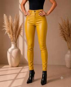 Women's PU Leather Winter Pants High Waist Slim Fit <b>Trousers</b> with Painted Design High Quality - Product Image 1
