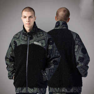 <b>Men's</b> Techwear Sherpa Fleece <b>Jacket</b> Paisley Bandana Patchwork Streetwear Harajuku Winter Warm Tactical Hip Hop Bomber Coat Parka - Product Image 2