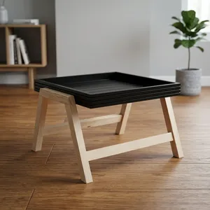 Large <b>Black</b> Wooden Tray Coffee <b>Table</b> with Natural Wood Legs Knock Down Design Modern <b>Living</b> <b>Room</b> Furniture - Product Image 6