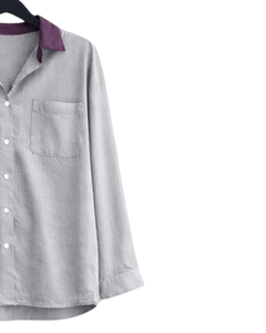 Ensemble deux pièces décontracté en coton et lin pour femme : chemise gris clair et pantalon large violet – Fabricant OEM personnalisé - Product Image 4