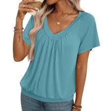 Camiseta de Algodón para Mujer, Estilo Casual, Corte Ajustado, Estampado Sólido, Cuello en V, Manga Corta, Textura Arrugada - Product Image 1
