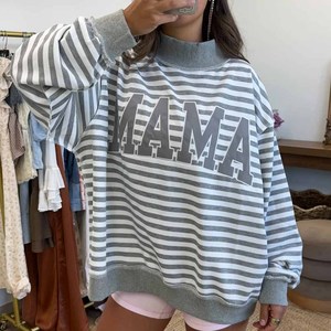 เสื้อสเวตเชิ้ตคอกลมลายทางพิมพ์ลาย Mama ทรงโอเวอร์ไซส์ ผ้าฝ้ายถัก 100% สวมใส่สบายสำหรับฤดูหนาว เหมาะสำหรับทุกเพศ แพ็ค 2 ชิ้น คุณภาพสูง - Product Image 2