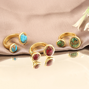 18k Gold Plated Brass <b>Adjustable</b> <b>Ring</b> Bezel Setting Gemstone Copper Turquoise Oval Shape Punk Style Women Fashion Jewelry Open - Product Image 6