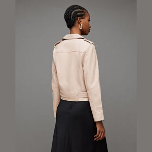 Chaqueta de cuero para mujer, personalizada, al por mayor, nueva moda, estampada, de piel de vaca, con ribete de piel, con cremallera, abrigo de invierno. - Product Image 6