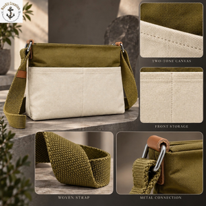 Two Tone Canvas Sling Bag with Front Pockets and Woven <b>Strap</b> | Olive Green <b>Crossbody</b> Shoulder Bag for Travel and Everyday Carry - Product Image 5