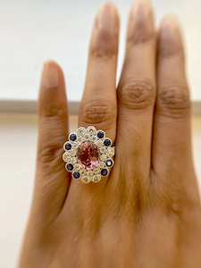 Flower Cluster Ring With <b>Rose</b> Quartz Oval Stone Pave Set Blue Gemstones Rhodium Plated 925 Silver Women's Engagement Jewelry - Product Image 4