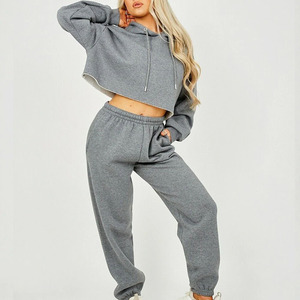 Women Pink Cropped Hoodie Tracksuit Full Sleeve Elastic Waist Loose Fit Solid Color Casual Spring Wear - Product Image 5