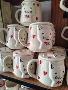 Tasses à café en céramique à motif cerise, faites à la main, design mignon, blanches avec des points roses, lavables au lave-vaisselle, pour un usage domestique - Product Image 2