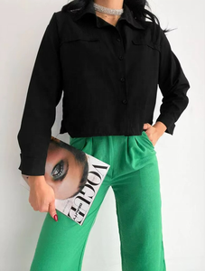 Women's Cropped Cotton Woven Breathable Simple Vintage Long Sleeve Button-Up Shirt Blouse Casual Summer Fashion Green - Product Image 4