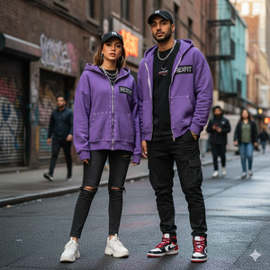 Sweat à capuche oversize streetwear délavé à l'acide avec logo sérigraphié, strass personnalisés, épaules tombantes, effet usé, unisexe, avec fermeture éclair - Product Image 3